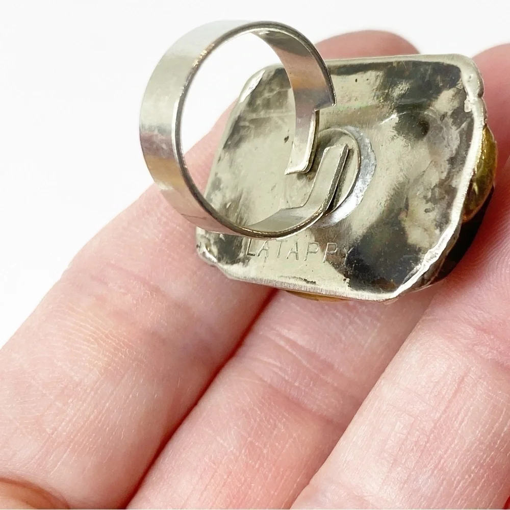 Vintage Latappy French Brutalist Mixed Metal Resin Statement Ring Adjustable HTF